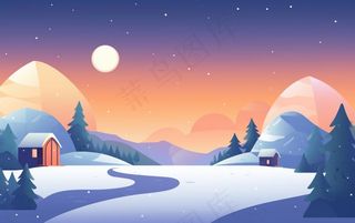 冬季晚霞白雪乡村村庄雪花雪景卡通插画背景
