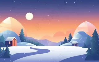 冬季晚霞白雪乡村村庄雪花雪景卡通插画背景