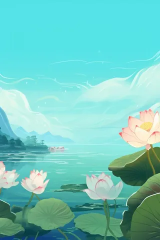 蓝色莲花池塘国风背景