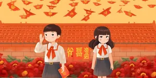 学生中国红祖国繁花背景