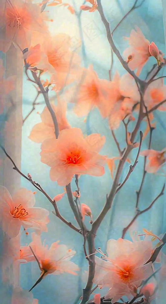 春天窗台橙色渐变鲜花，朦胧枝叶，春节立春(816x1488)