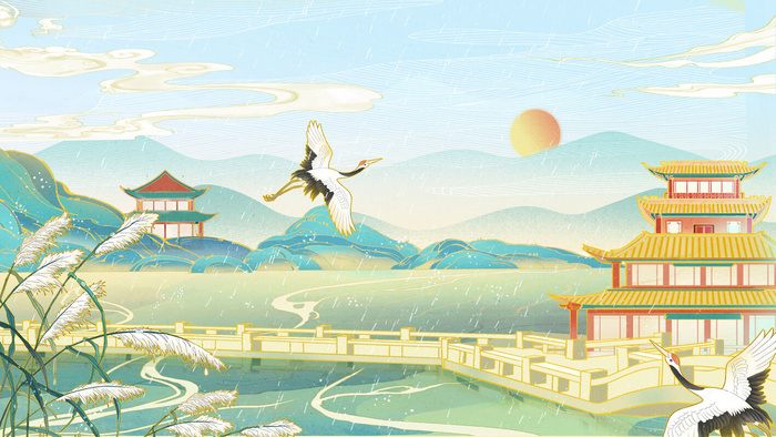 中国风国潮烫金仙鹤山水古建筑风景装饰插画背景PSD分层设计素材psd模版下载