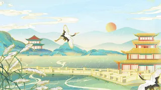 中国风国潮烫金仙鹤山水古建筑风景装饰插画背景PSD分层设计素材