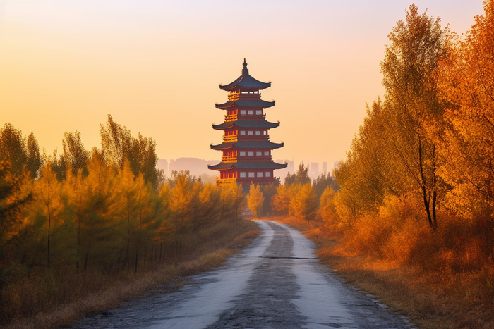 秋季金黄的树叶树木道路尽头塔摄影图(4032x2688)
