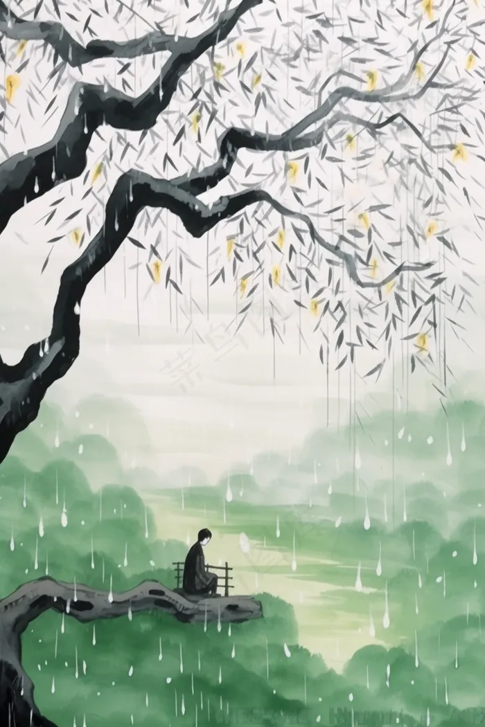 中国风水墨画雨天插画(2688x4032)