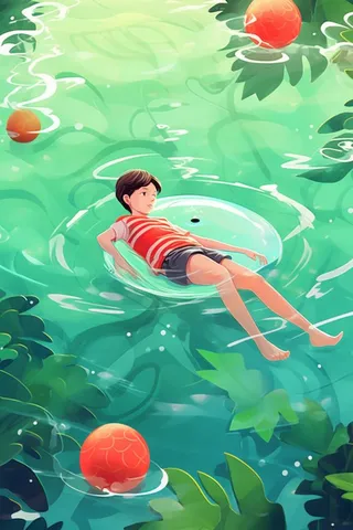 清爽夏天蓝色清新游泳插画背景