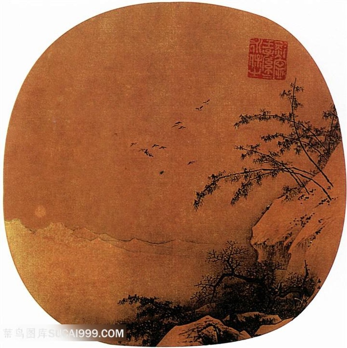 中国水墨山水画团扇扇面