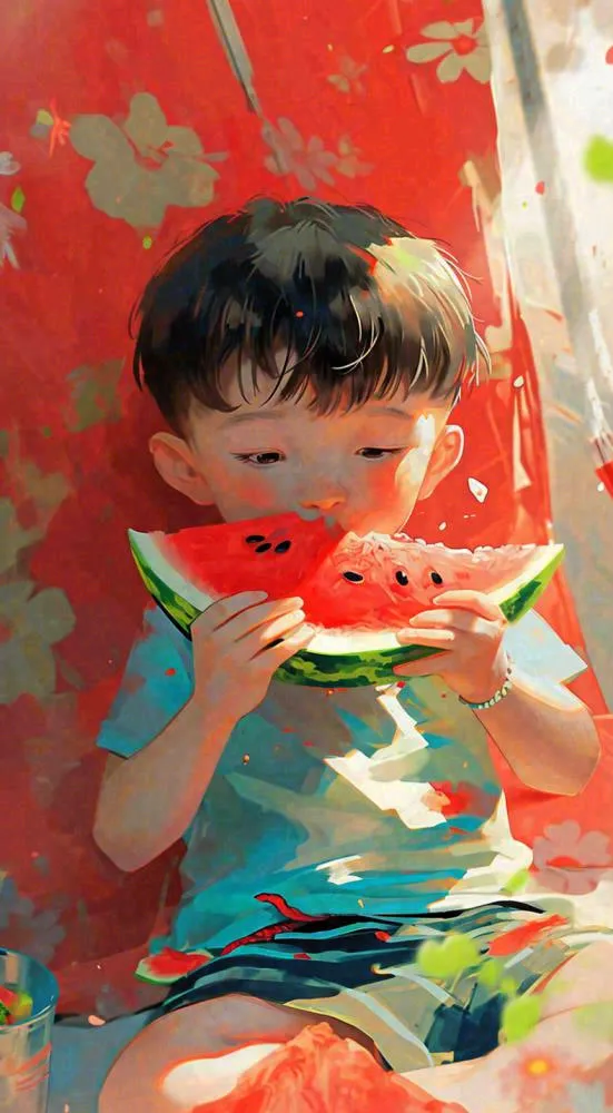 夏日清凉阳光男孩吃西瓜油画手绘插画，儿童节夏至大暑小暑(789x1430)