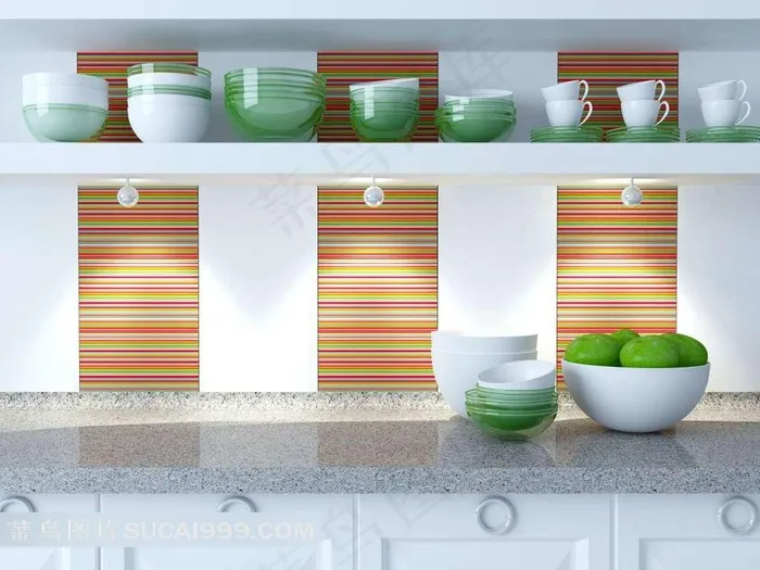 厨房置物架上的碗等餐具渲染图