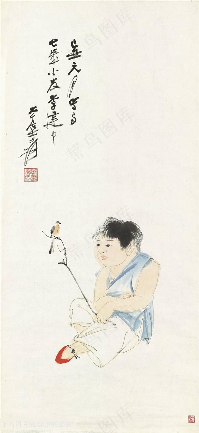 张大千手绘简约水墨孩子装饰画