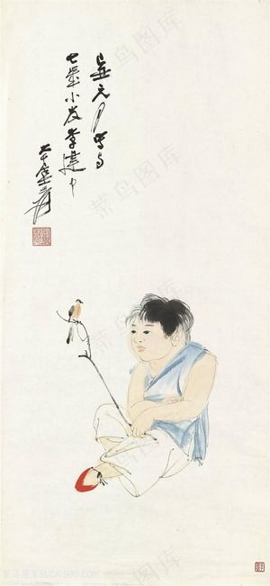 张大千手绘简约水墨孩子装饰画