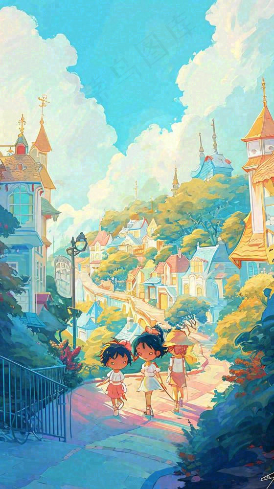 清新蓝天白云儿童路边行走手绘插画，花丛草地植物