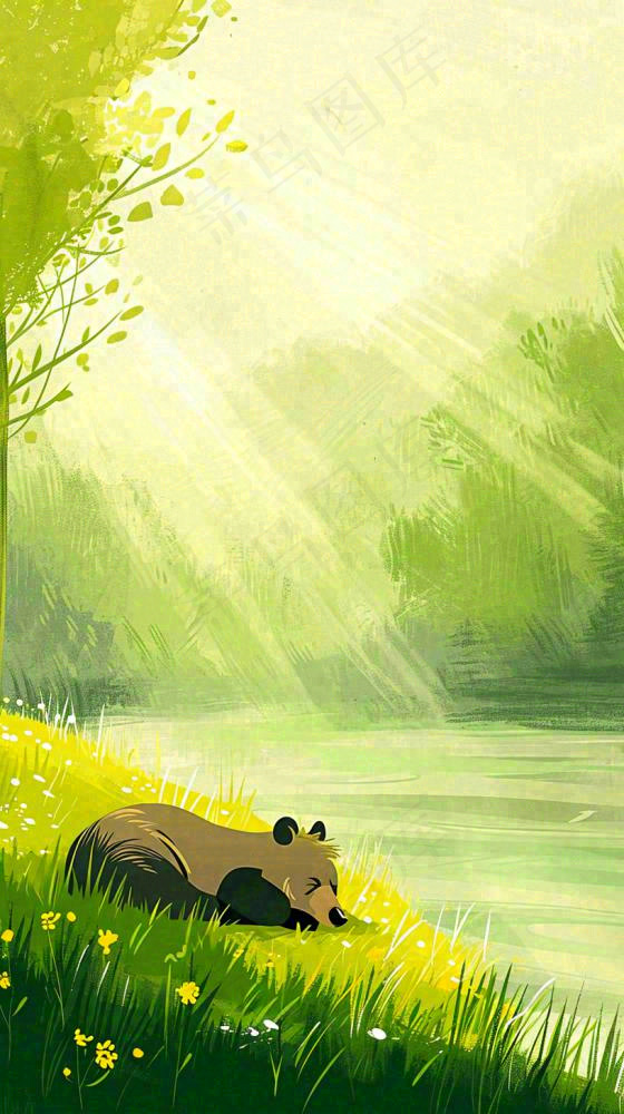 夏日森林丛林阳光绿色河面草丛树木手绘插画，夏至小暑大暑(816x1456)
