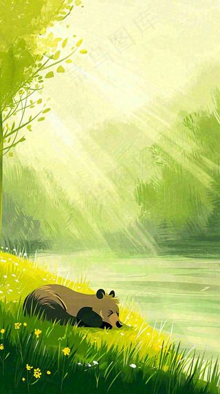 夏日森林丛林阳光绿色河面草丛树木手绘插画，夏至小暑大暑