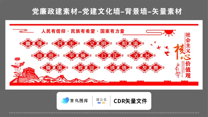 党建文化墙党建素材CDR预览图红色背景核心价值观人民有信仰cdr矢量模版下载