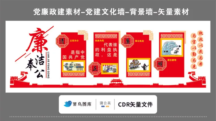 党建文化墙党建素材CDR预览图红色背景廉洁奉公为官以勤执政为民cdr矢量模版下载