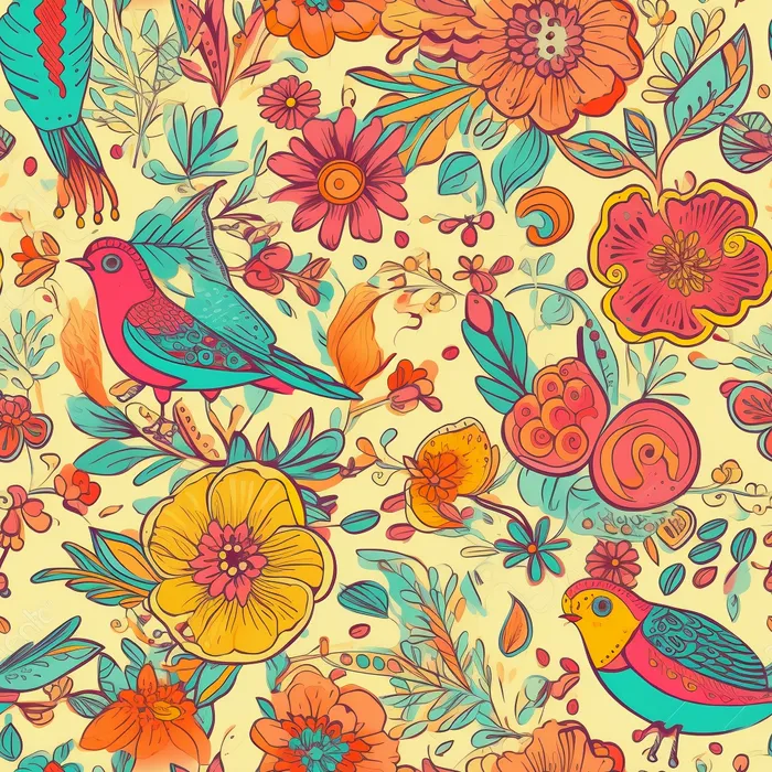花鸟图，插画风格，无缝贴图，素材