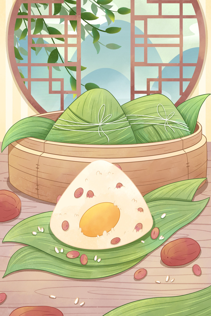 国潮风中国传统节日端午节赛龙舟粽子场景插画海报PSD设计素材