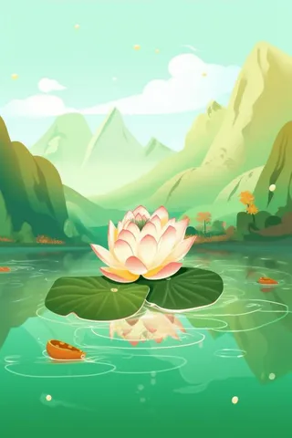 国潮鎏金莲花山水绿色