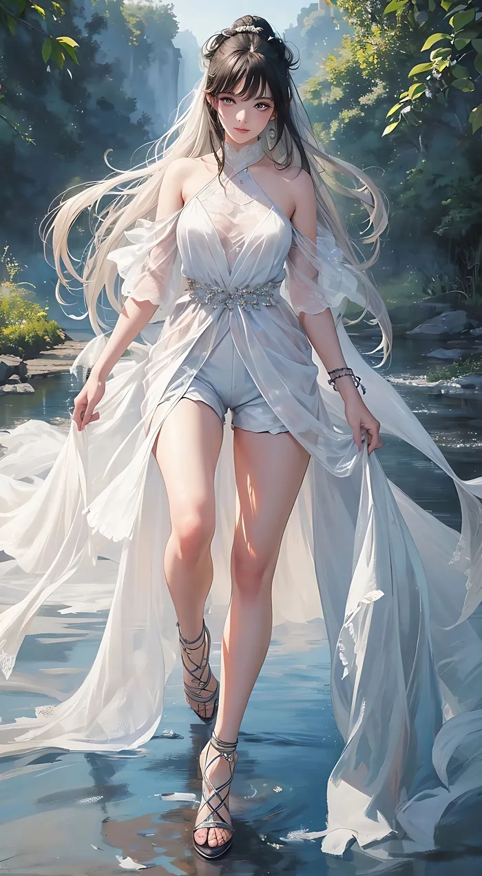 行走在溪水边的高挑少女