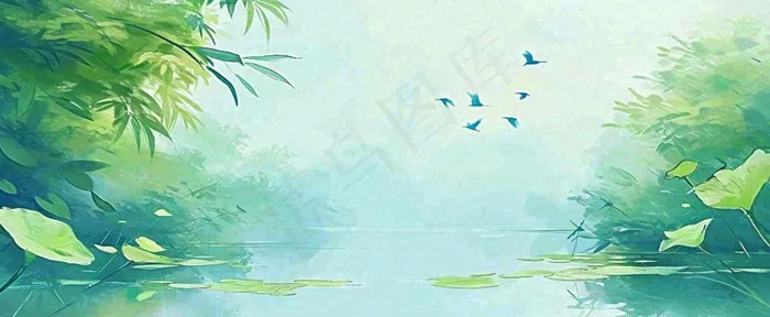 夏天池塘荷花池荷花荷叶河流插画手绘，夏至处暑小暑大暑(1712x704)
