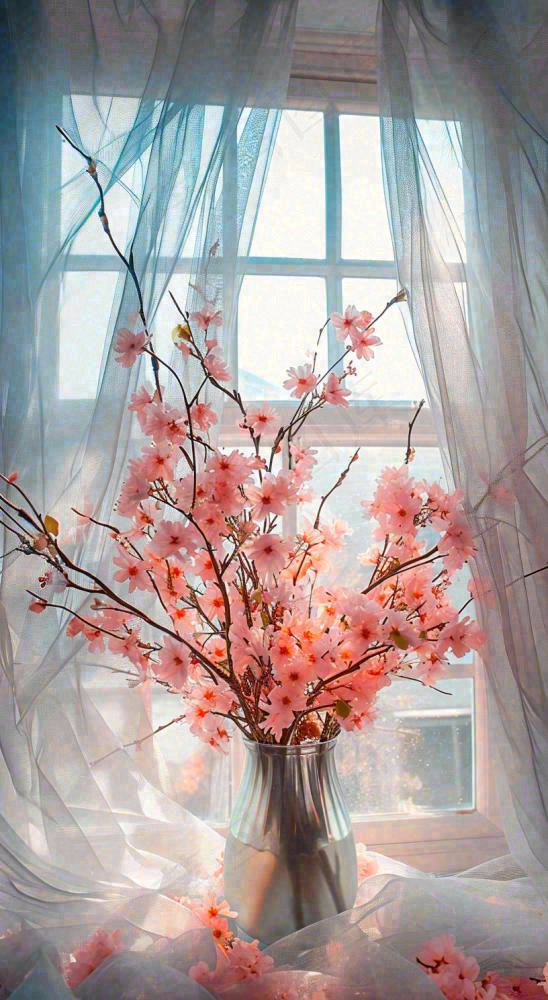 春天窗台花瓶粉色鲜花花束，春分(816x1488)