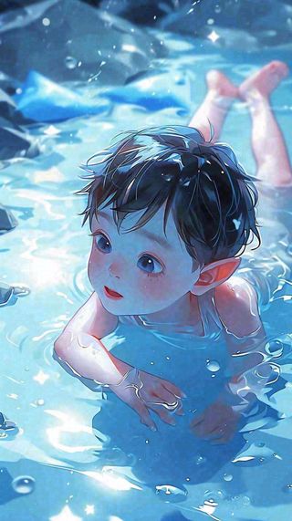 夏天儿童男孩水里游泳戏水，小暑大暑