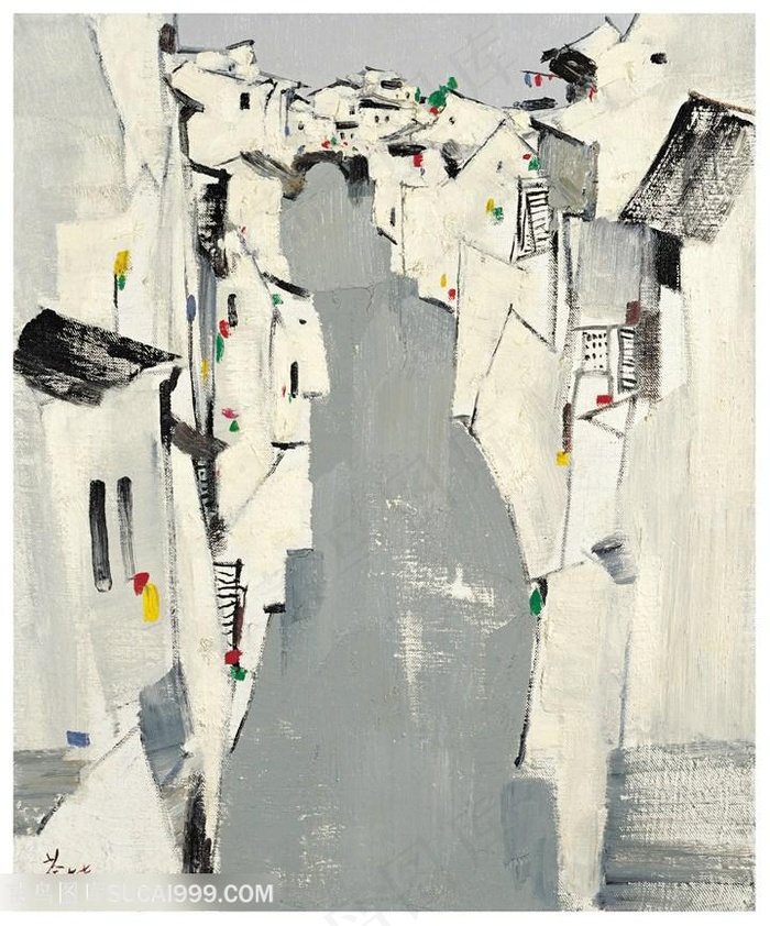 吴冠中手绘乡村建筑美景装饰画