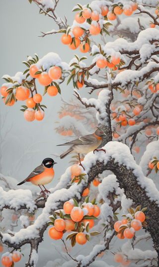 冬天站在果树枝上的小鸟雪景卡通插画