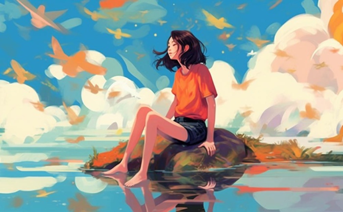 绚丽天空女孩坐着石头上漫画风背景