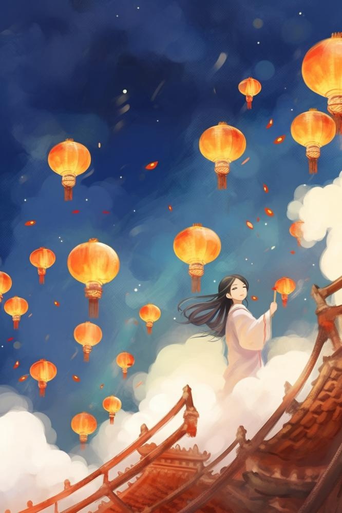 古风少女登阁楼灯火思乡插画背景