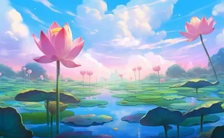 夏日荷花池塘天空插画背景