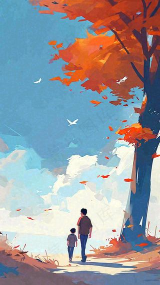 秋天红色秋叶树落叶温馨自然风景，立秋手绘插画