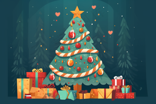圣诞树装饰礼物节日卡通插画绿色背景