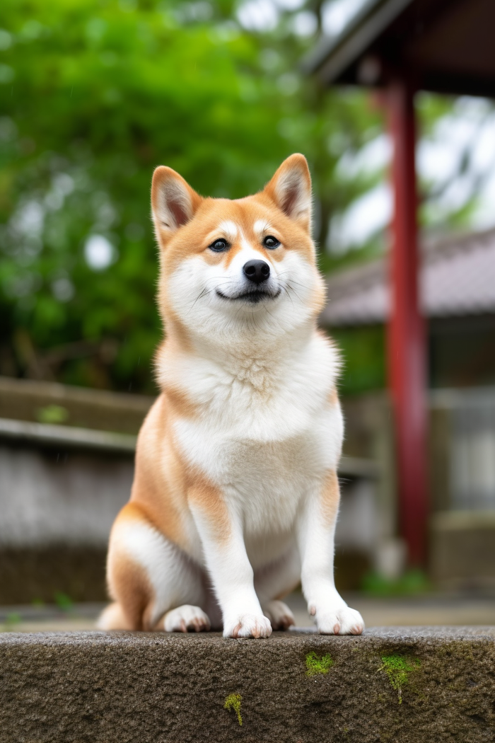 一只可爱的柴犬宠物狗坐着台阶上开心摄影图