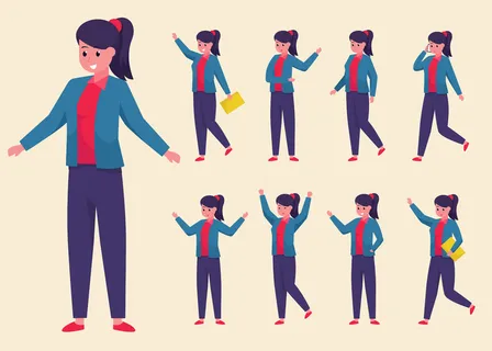 一套穿着西装和裤子的不同姿势的年轻女商人