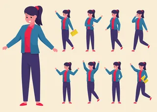 一套穿着西装和裤子的不同姿势的年轻女商人