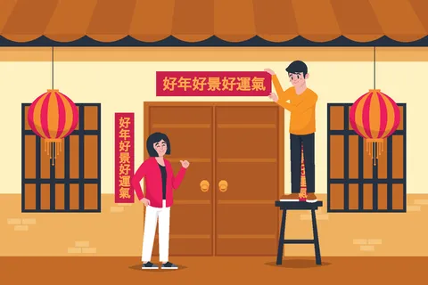 新年虎年中国风人物插画