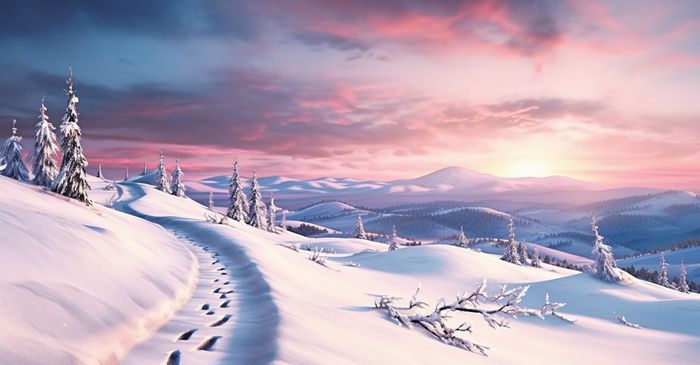 茫茫的雪原清晨日出霞光普照摄影图(4512x2352)