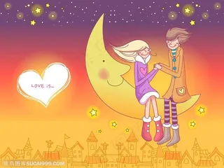 手绘坐在月牙上手牵手的的情侣