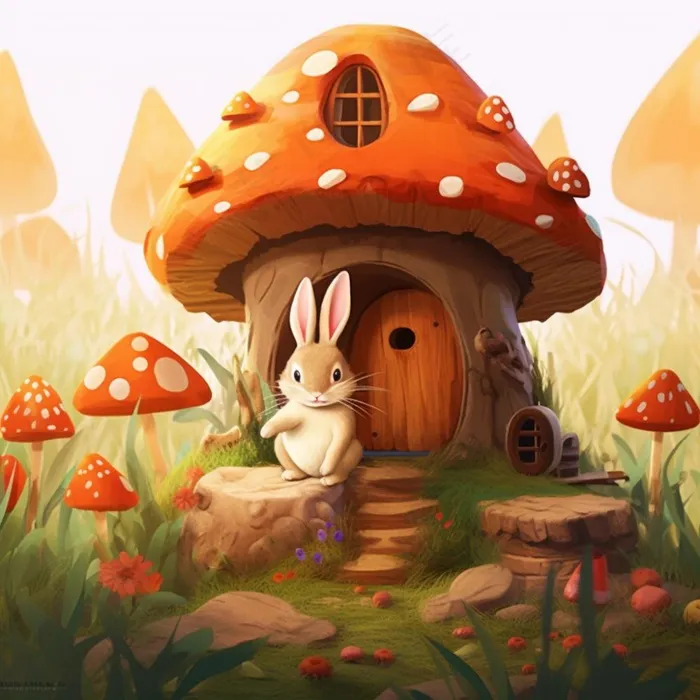 蘑菇屋里小白兔家园卡通插画素材(1024x1024)