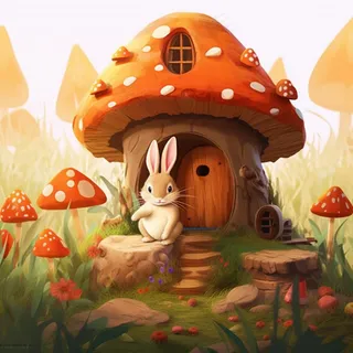 蘑菇屋里小白兔家园卡通插画素材