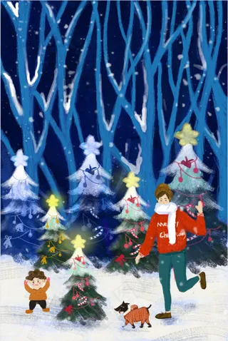 卡通手绘蓝色圣诞节插画