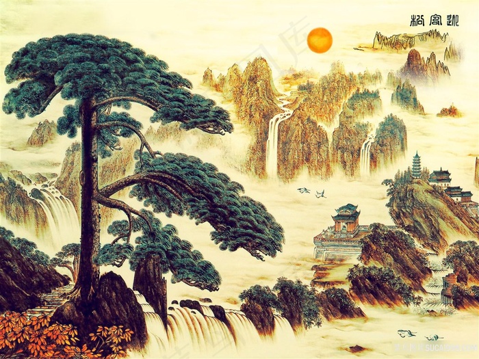 迎客松高清挂画卷素材山水字画喷绘打印原图风景画