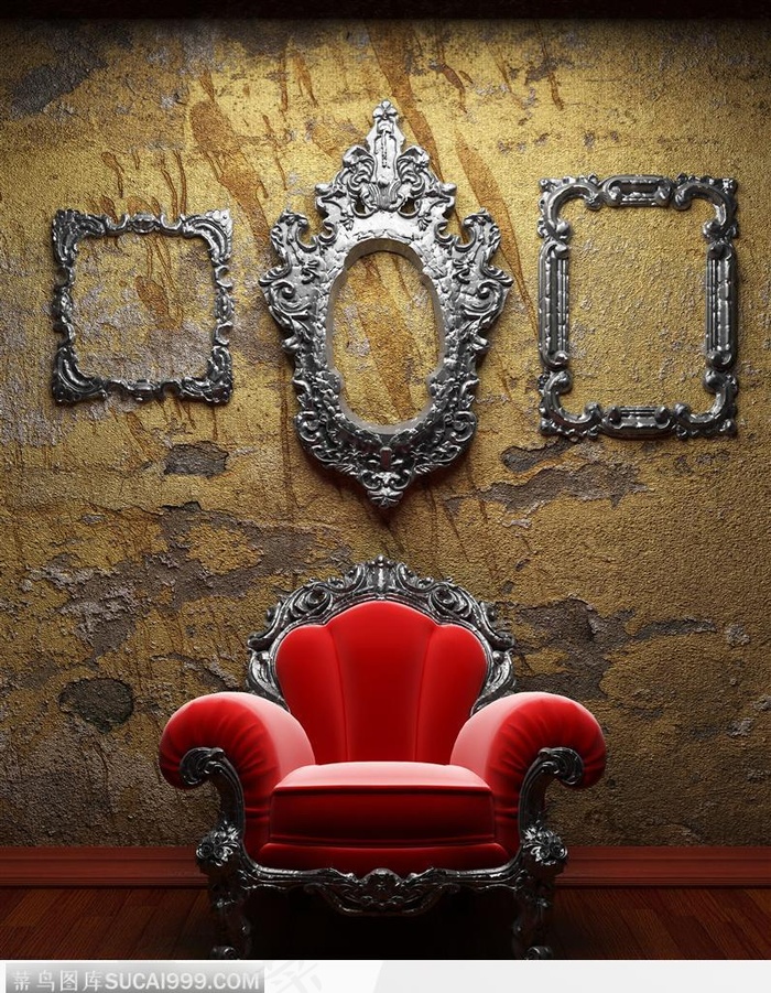 欧式古典红色坐椅和相框边框