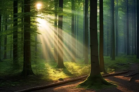 森林里树木的间隙透出来的光影摄影图