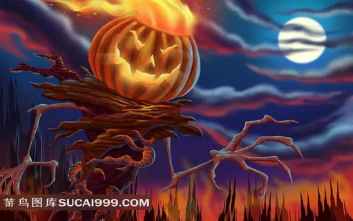 万圣节南瓜魔抓月亮卡通图案