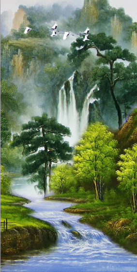 高山流水流水生财源远流长山水花鸟丹顶鹤装饰画