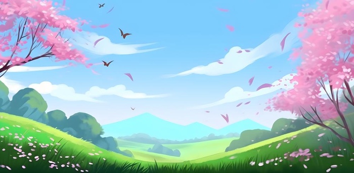 春天蓝天白云草原绿色树草地手绘插画海报素材背景
