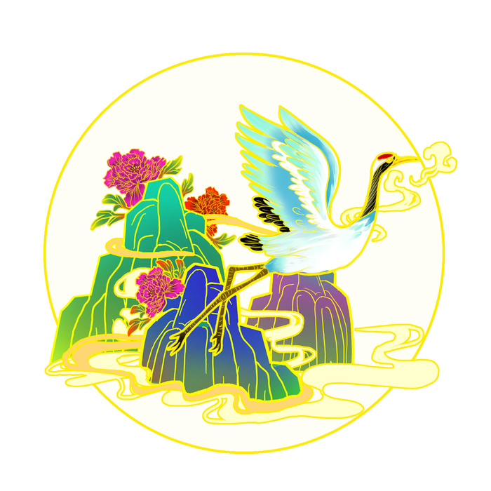 中国风国潮仙鹤山水插画手绘元素场景PSD设计素材